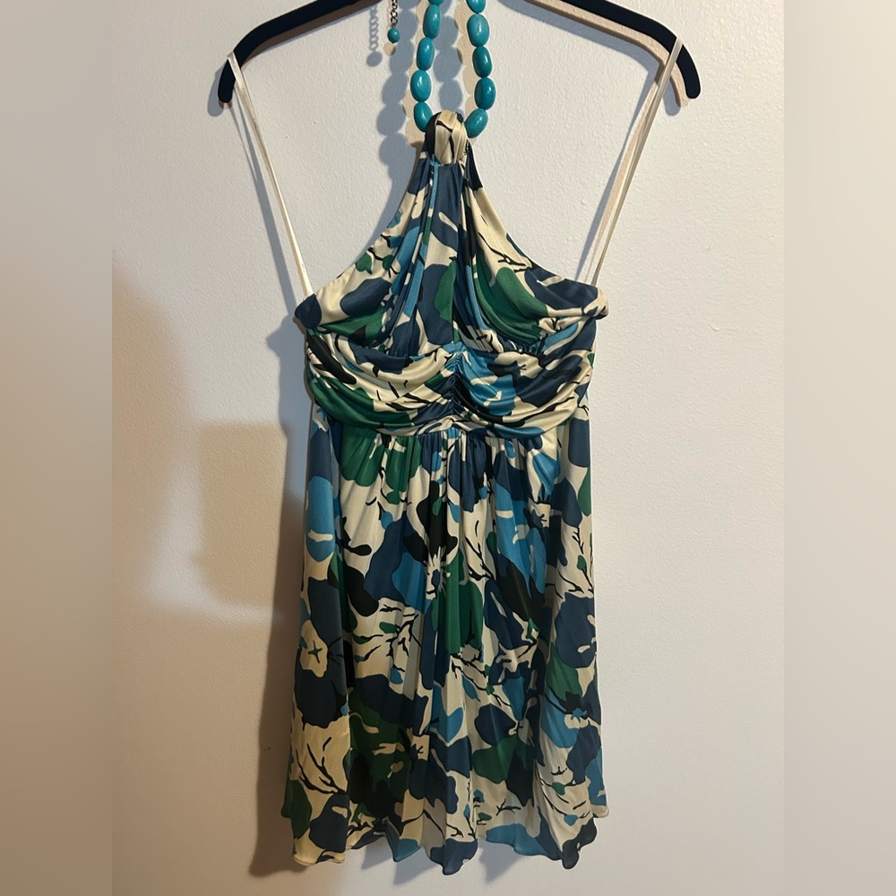 Sky Blue and Green Ruched Halter Top/mini dress